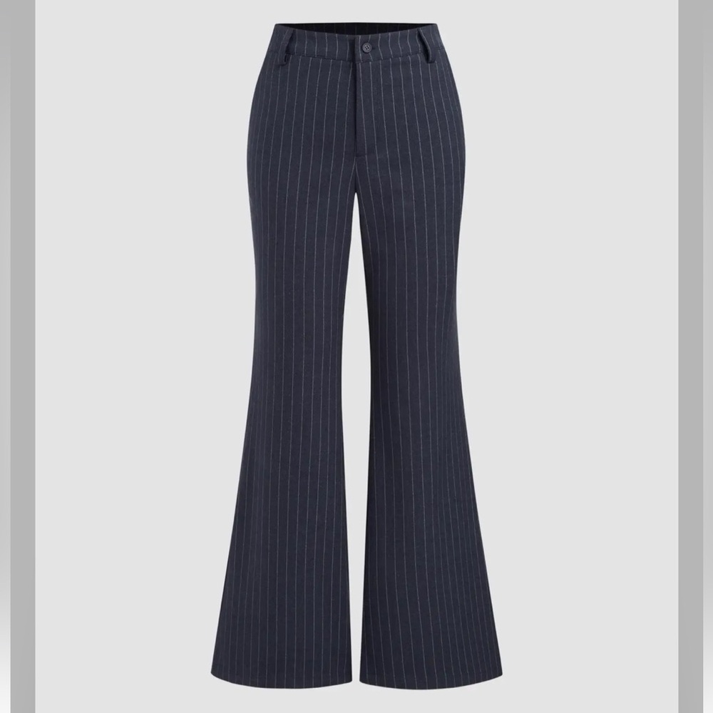 Women's Navy Pinstripe Flared Pants (trousers) - low rise